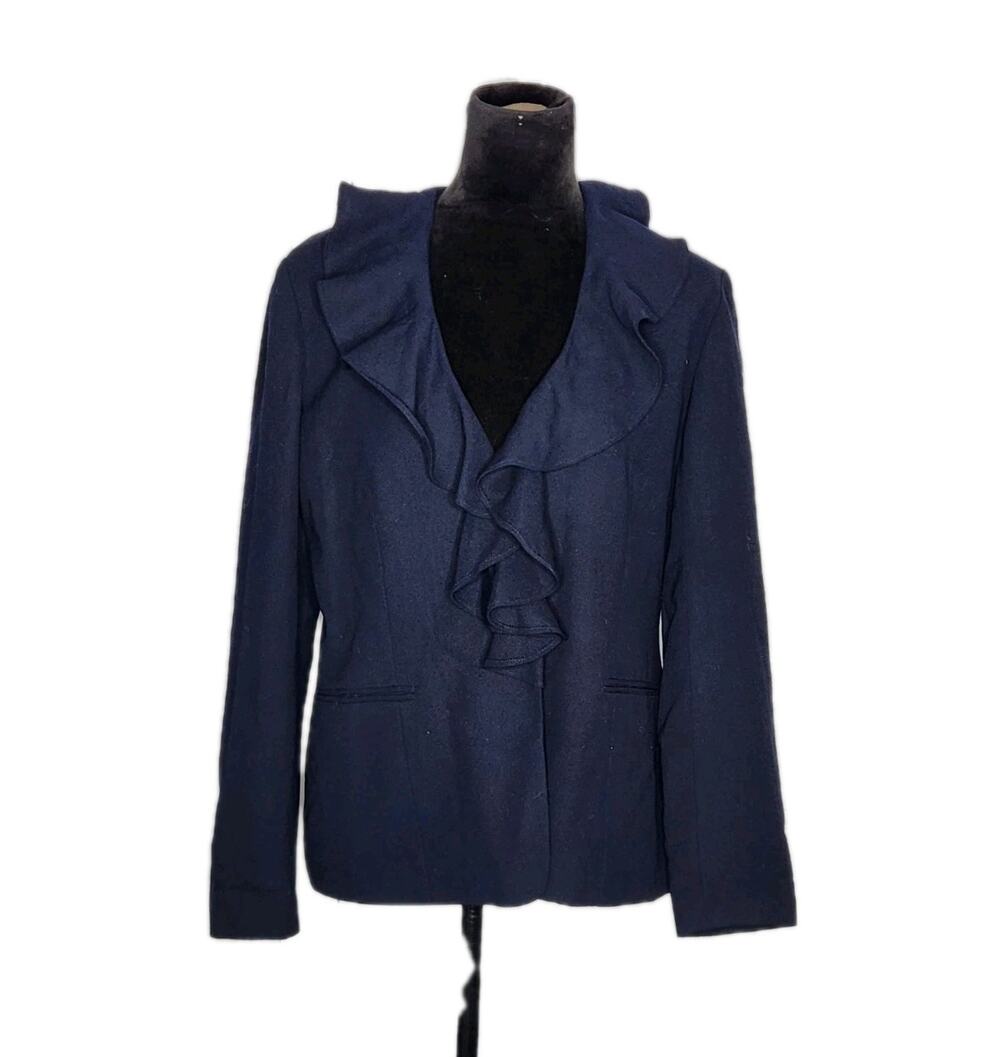 Lauren Ralph Lauren Navy Wool Ruffle Lapel Blazer Women's Size 10 Made In USA